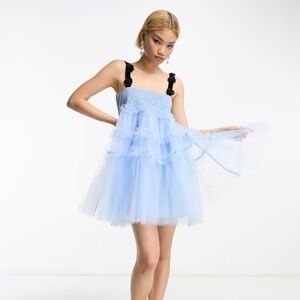 Blue Tulle Dress with Black Straps